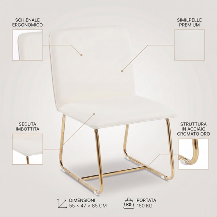 Sedia Imbottita in Similpelle con Gambe Oro, Design Moderno ed Elegante per Sala da Pranzo, Cucina, Soggiorno, Studio e Ufficio