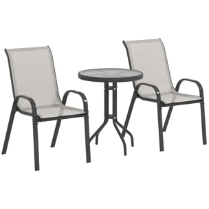 Conjunto de Mesa y Sillas de Terraza Exterior de 3 Piezas, Muebles de Jardín Exterior con Sillas Apilables, Encimera de Vidrio y Estructura de Acero, para Patio, Gris Claro