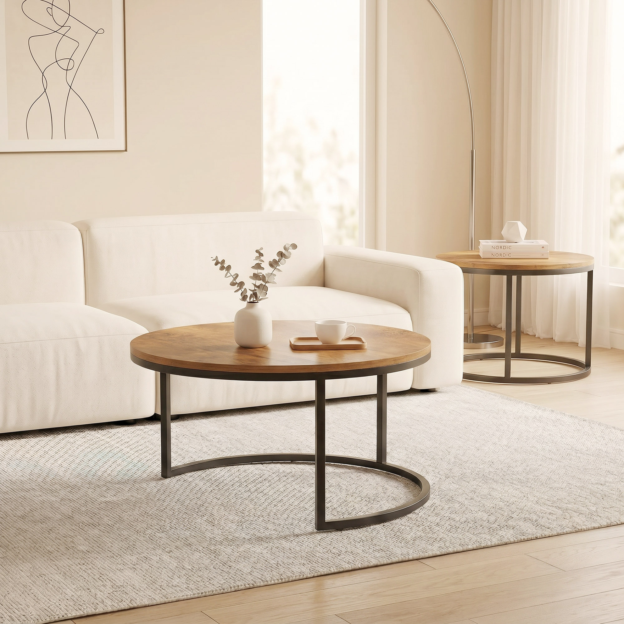 HOMCOM Set de 2 Mesas de Centro Redondas, Mesas Nido Industriales con Estructura Metálica para Salón, Dormitorio u Oficina, 60x60x 45 cm, Marrón