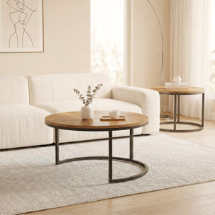 HOMCOM Set de 2 Mesas de Centro Redondas, Mesas Nido Industriales con Estructura Metálica para Salón, Dormitorio u Oficina, 60x60x 45 cm, Marrón