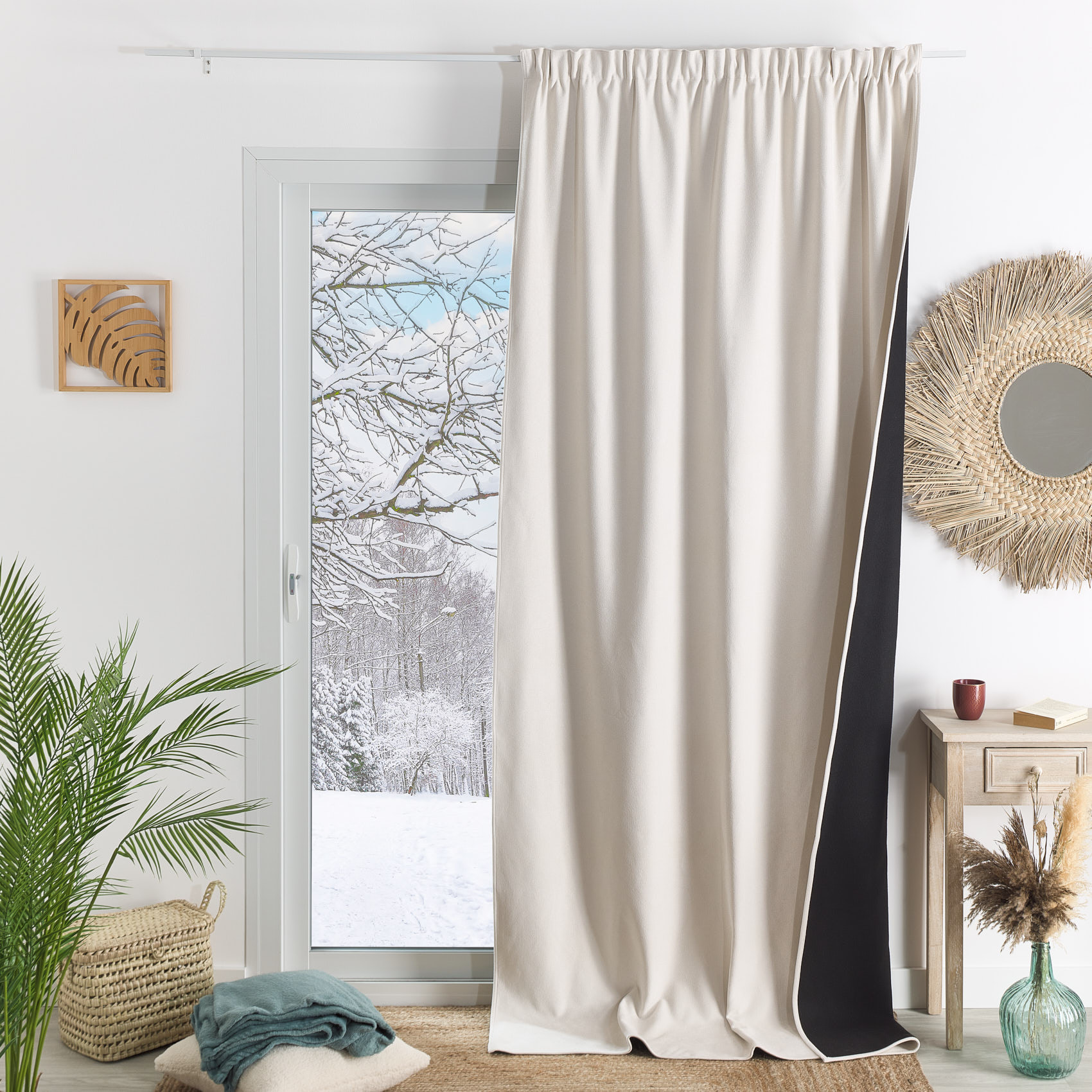 Rideau thermique phonique et semi occultant à galons fronceurs KONFOR - Blanc cassé