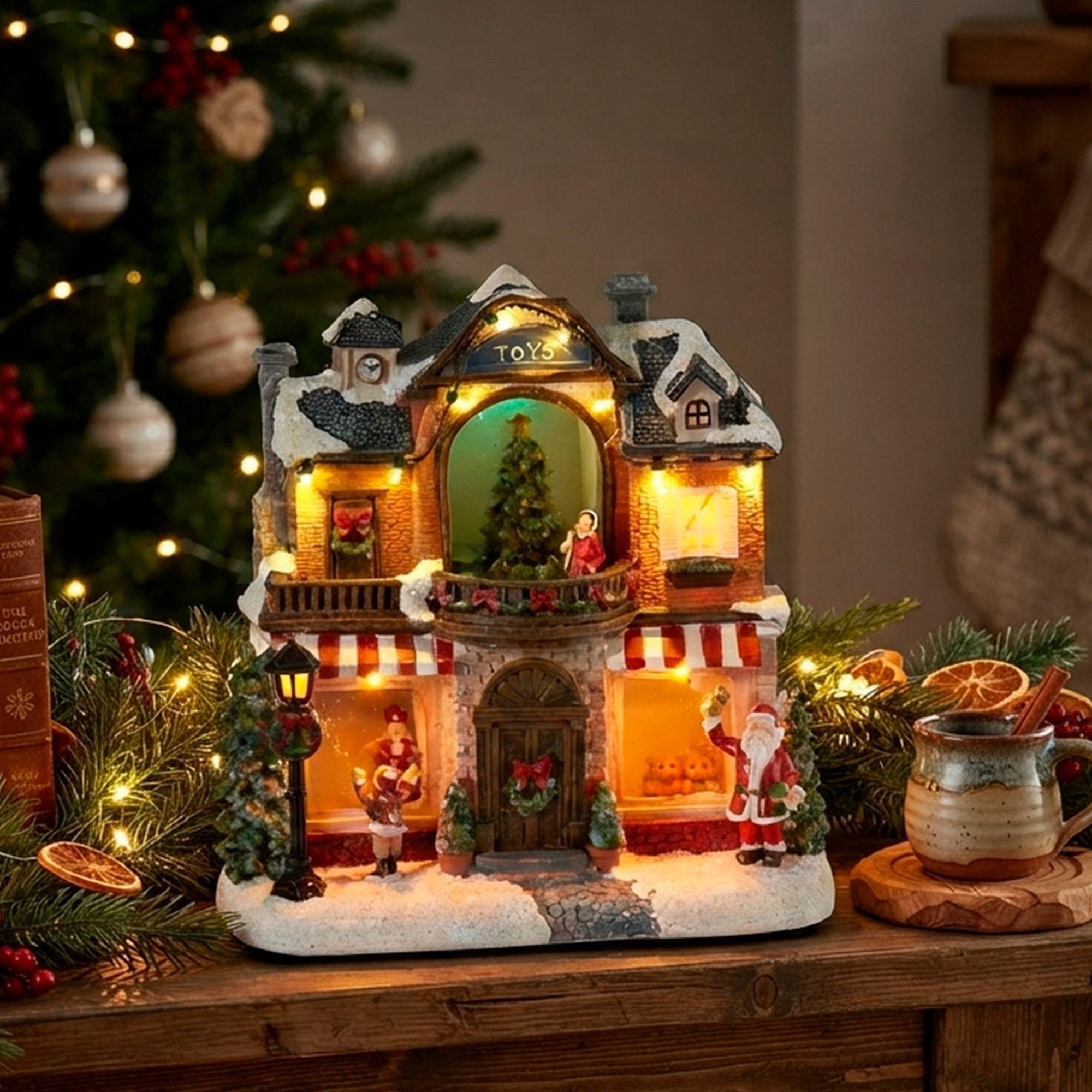 Casa navideña decorativa con papá noel, árbol de navidad luces led, movimiento y música 23,5x14,5x23,5 cm