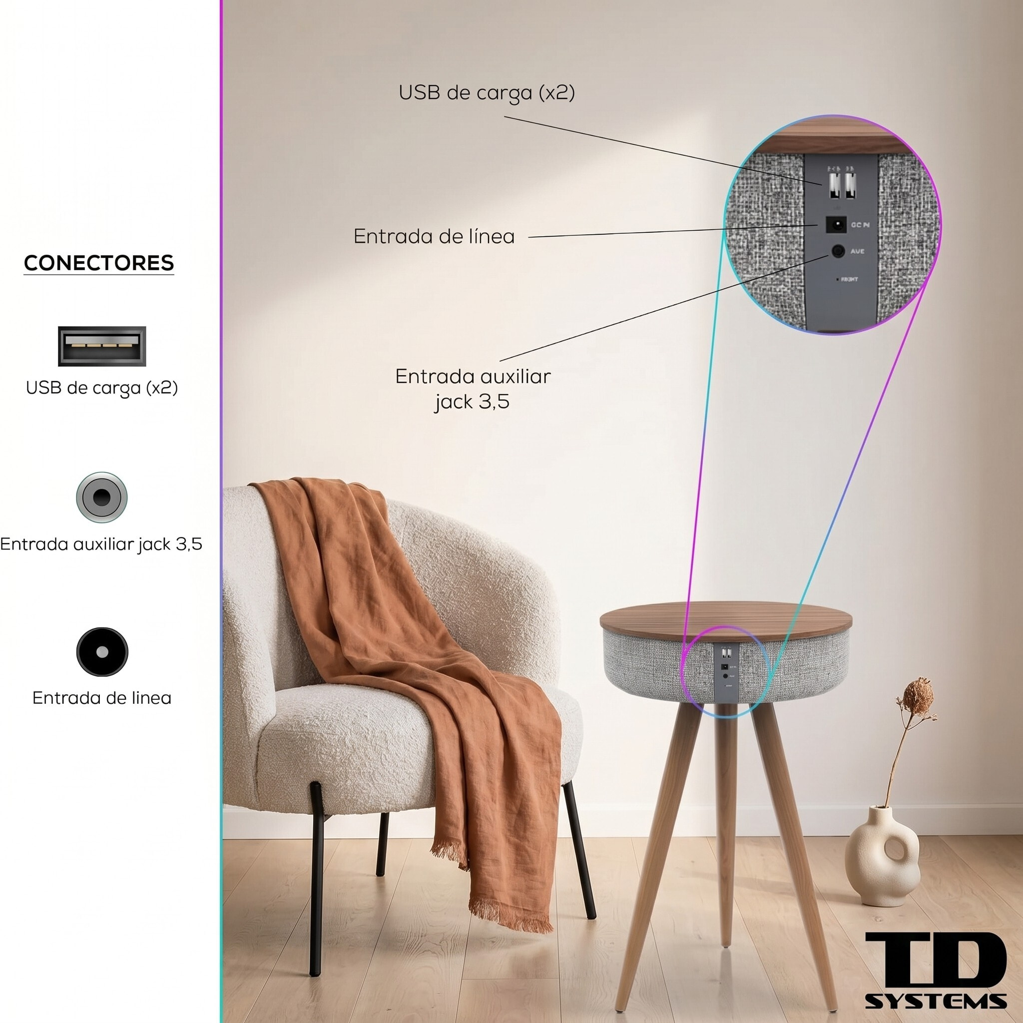 Mesa auxiliar altavoz portátil con sonido de 30W, Bluetooth, base de carga inalámbrica, batería de 2200mAh. Mesilla o mesita para dormitorio o sala de estar - TD Systems SM30B11WR [Madera roble]