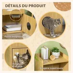 Maison de toilette chat - porte, niche avec coussin, plateau - panneaux aspect bois clair