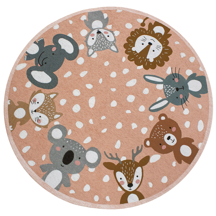 TAPPETO CAMERETTA ANIMALI ROSA TONDO DIAMETRO 140 CON FONDO ANTISCIVOLO