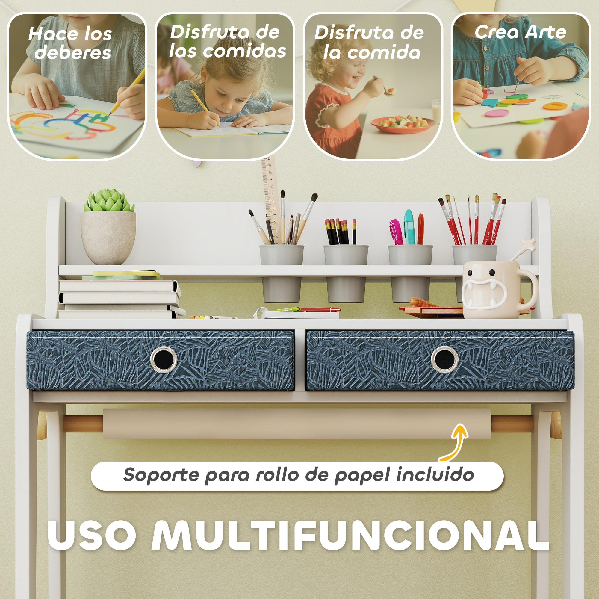 Escritorio Infantil con Silla, Pupitre Infantil con 2 Cajones Extraíbles, Estante y Portavasos, para Estudiar, Leer y Dibujar, Mesa para Niños para Dormitorio, Sala Estudio, Blanco