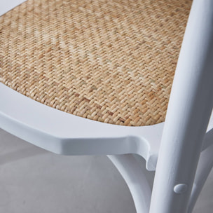 Lot de deux chaises vintage en bois avec assise en rotin et dossier arrondi coloris blanc