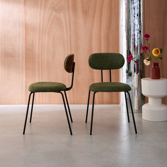 Chaise décor bois courbé teinté noyer et tissu déperlant pieds métal noir (lot de 2) ERIN