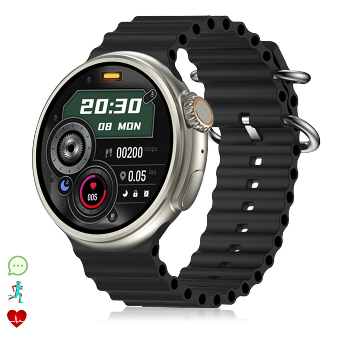 Smartwatch Z78 Ultra con corona multifunzione intelligente, widget personalizzabili, accesso diretto a Siri. Termometro, O2 e tensione.