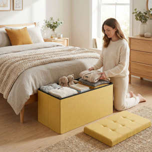 Puff Almacenaje, Banco Almacenaje Plegable, 84 L, 76x38x38 cm, Tapizado en Lino Sintético, Baúl de Almacenamiento, Carga 120 kg, Taburete para Sala de Estar, Dormitorio, Entrada, Amarillo