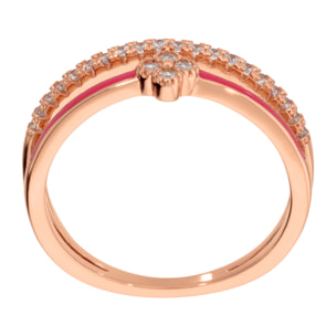 Anello Doppio Fiore con Smalto Fucsia e Pavé di Cubic Zirconia