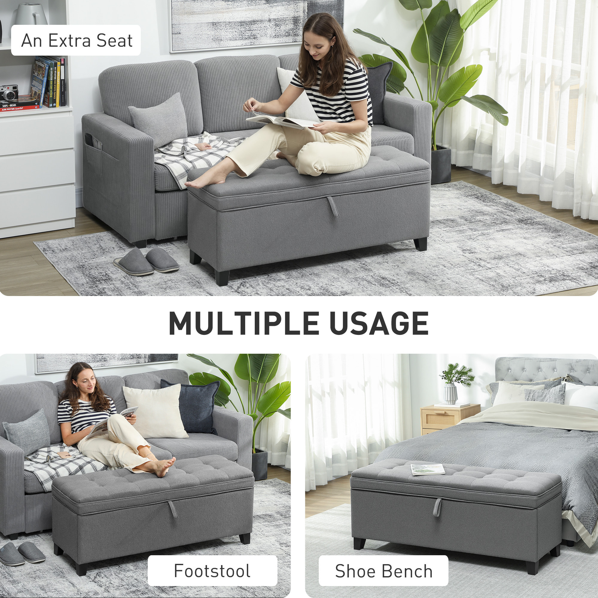 Banquette bout de lit coffre design Chesterfield dim. 120 x 40 x 48 cm tissu gris