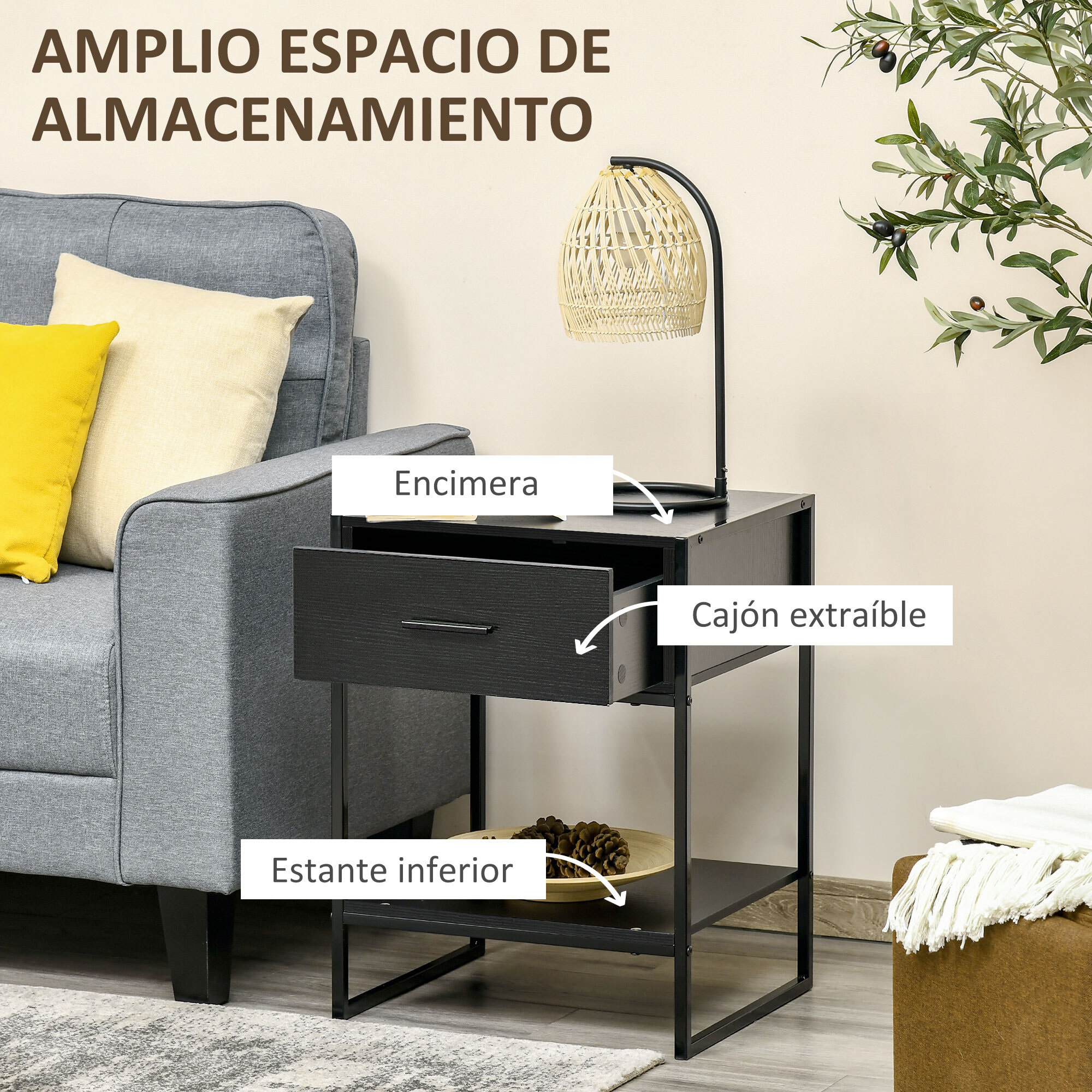 Mesita de Noche Mesa Auxiliar con Cajón y Estante de Almacenamiento para Dormitorio Salón Cama Oficina Estilo Moderno 45x40x60 cm Negro