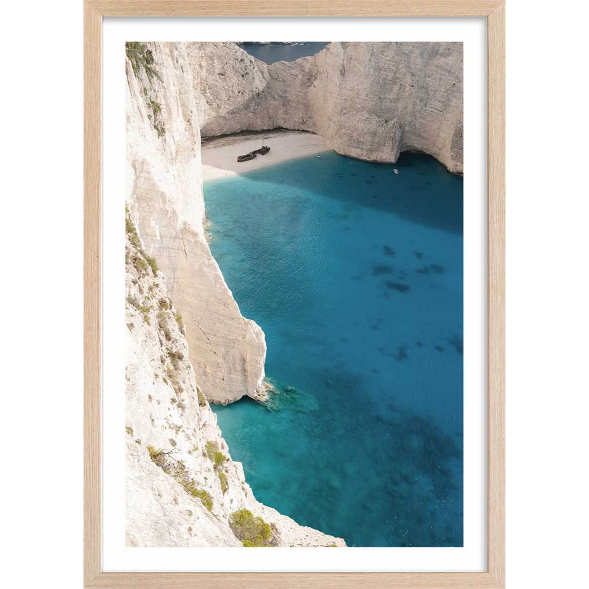 Poster plage du zante les cyclades Affiche + cadre en bois - Chêne