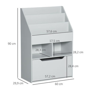 Estantería Infantil de Madera con 3 Compartimentos 2 Cubos y Cajón Móvil con 4 Ruedas Librería Infantil para Habitación de Niños Sala de Juegos 60x29,9x90 cm Gris