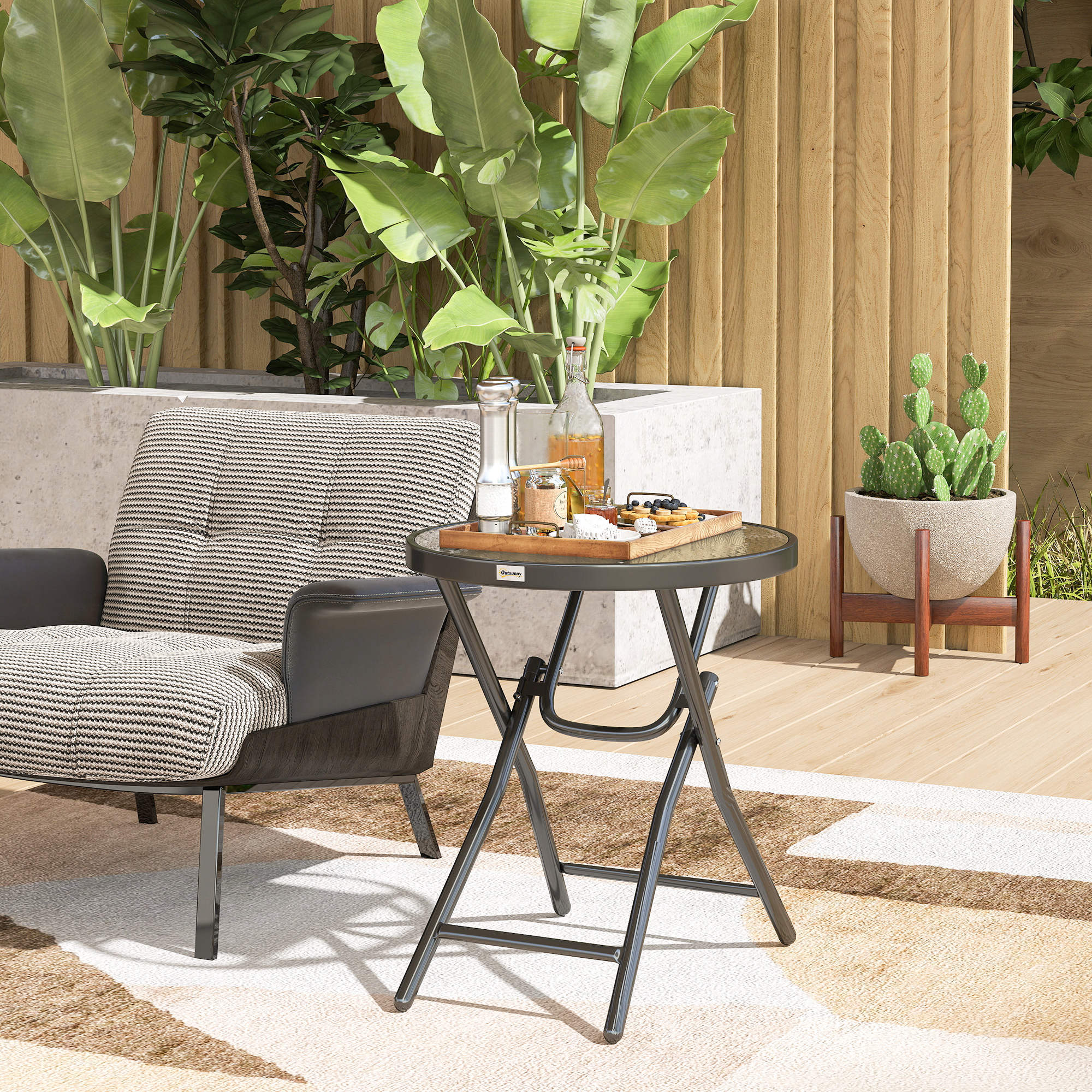 Table basse carrée bistro de jardin dia. 60 x 50 cm pliable métal époxy noir plateau verre trempé