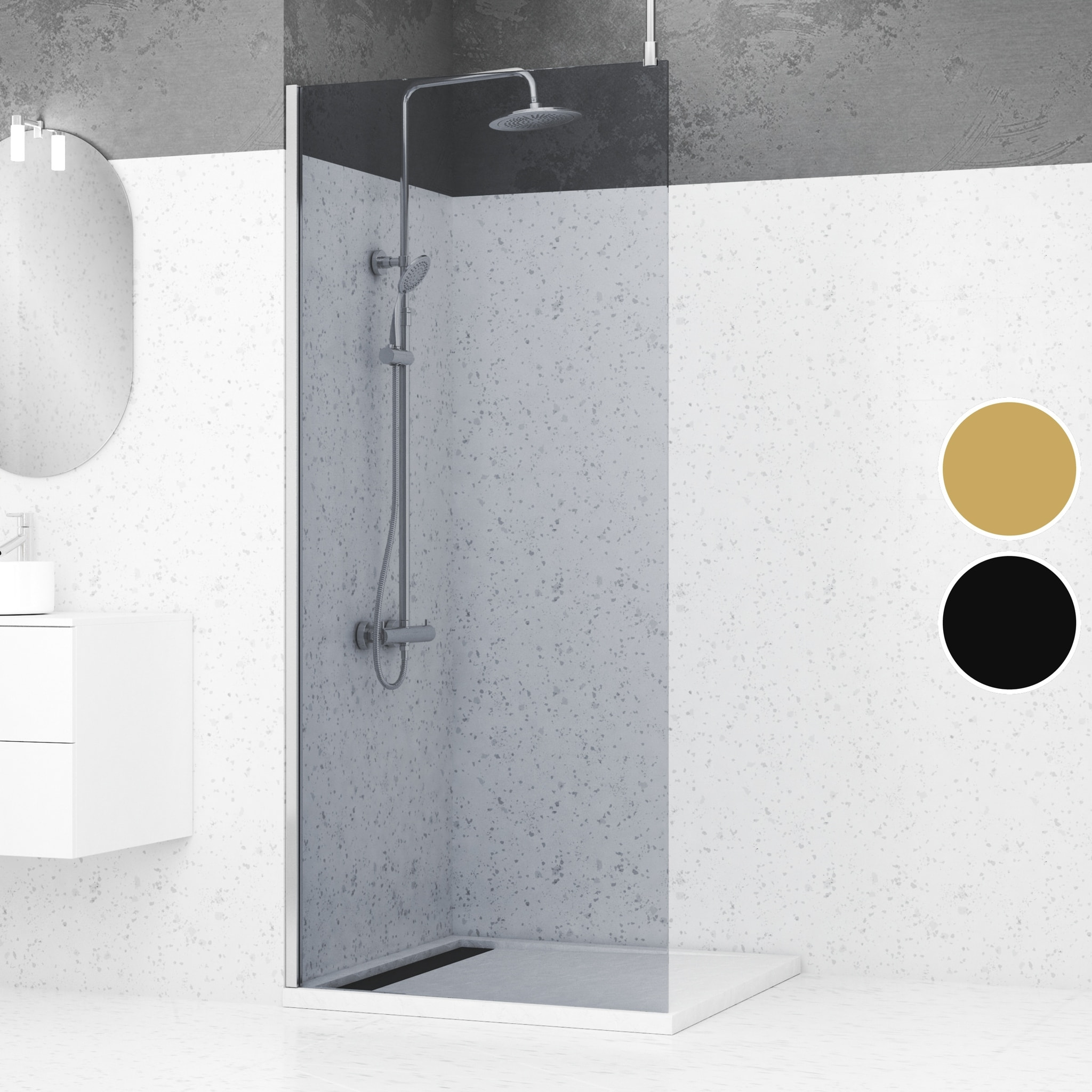Paroi de Douche 90x200cm Verre Fumé - Profilé + Barre Plafond Finition Chrome - FREEDOM 2 SMOKED