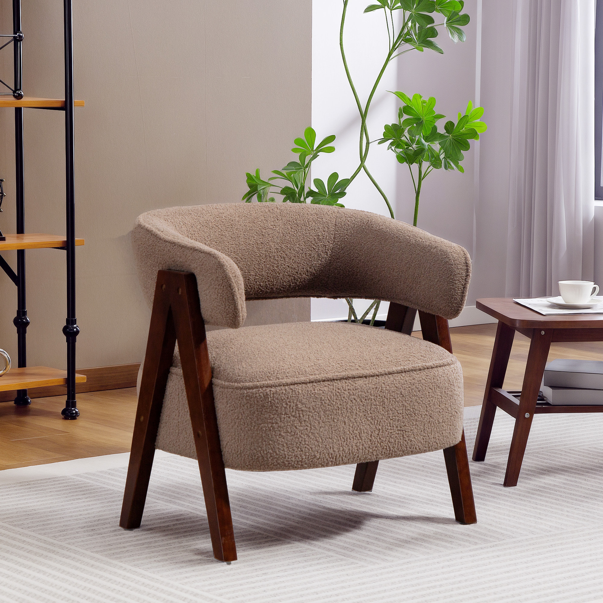 Butaca de Salón Tapizada en Borreguito, Sillón de Lectura Acolchado Grueso y Moderno, Asiento Ancho, Patas de Madera, Respaldo Curvado, para Dormitorio, Oficina, Marrón Claro