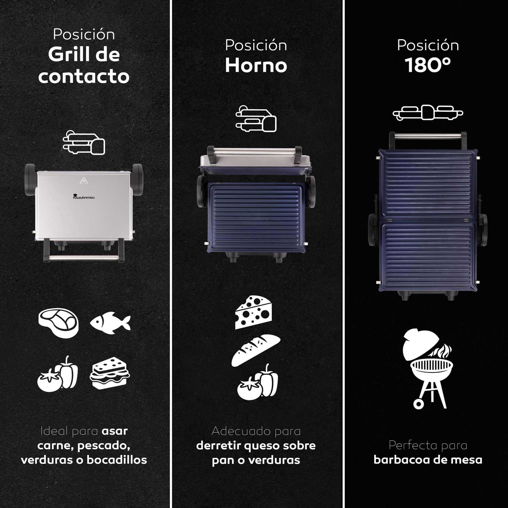 Parrilla eléctrica foodies antiadhernte con grill de 12x32x40cm de 2200w en acero inox y abs y 3 funciones masterpro