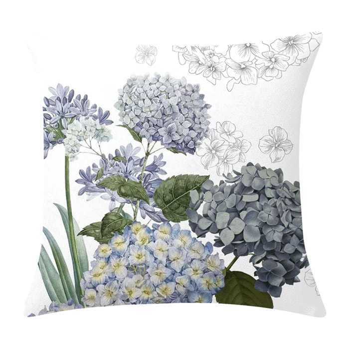 Housse de coussin lin & coton 165 g/m² imprimé blanc bleu Jardin de bretagne bleu