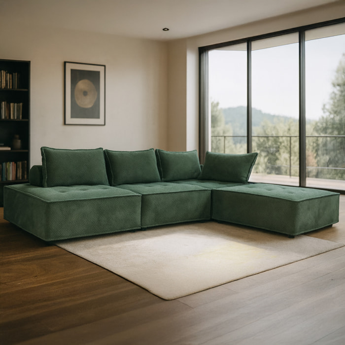 ALEXANDRIE Canapé d'angle modulable 4 places en velours texturé vert