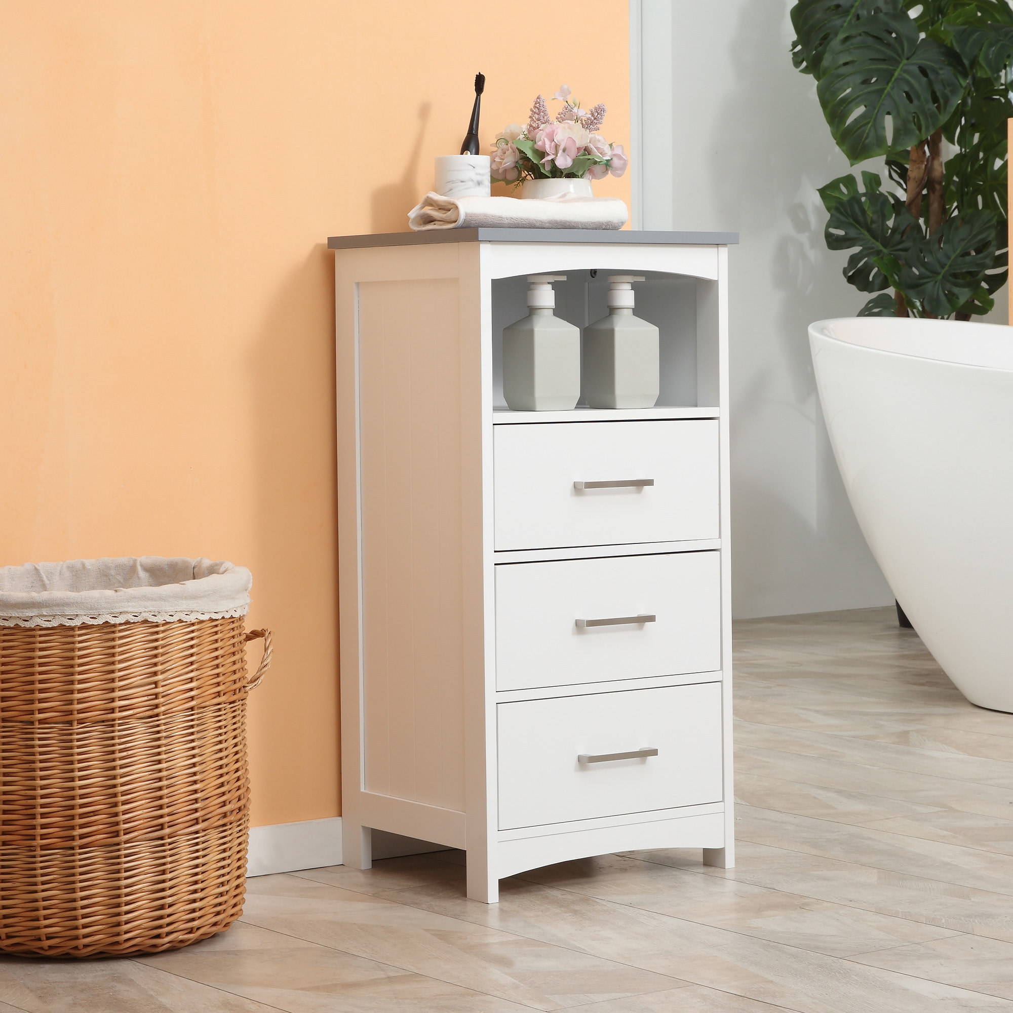 Meuble colonne salle de bain style contemporain - 3 tiroirs, niche - MDF blanc gris