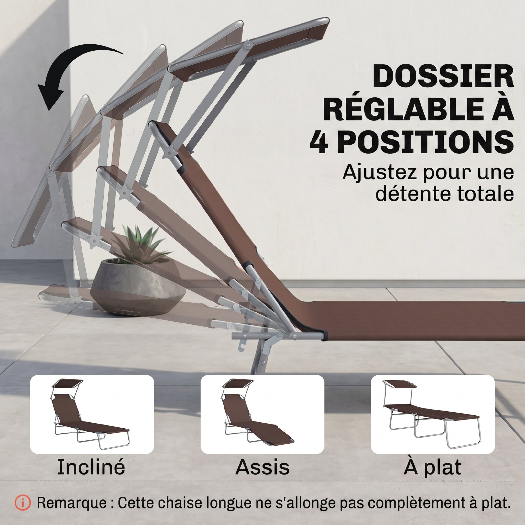 Transat bain de soleil pliable grand confort dossier et pare-soleil réglable multi-positions chocolat