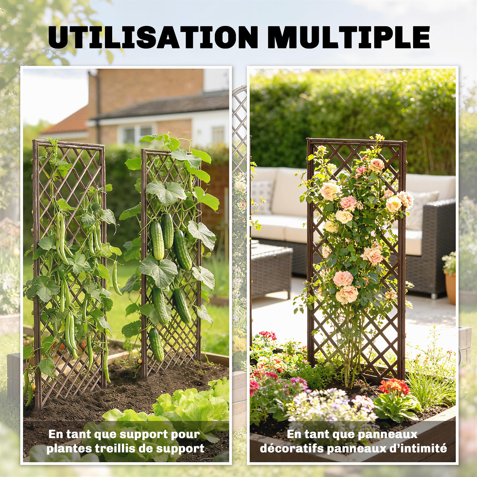 Lot de 3 treillis de jardin osier tissé naturel dim. 43 x 2 x 112 cm