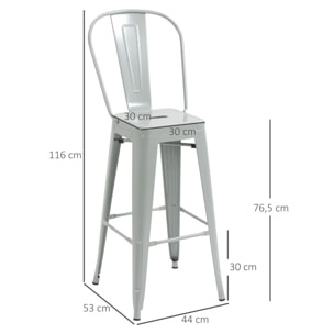 Juego de 4 Taburetes de Bar con Respaldo Alto Silla de Comedor de Acero con Reposapiés para Comedor Carga 120 kg 44x53x116 cm Gris Plata