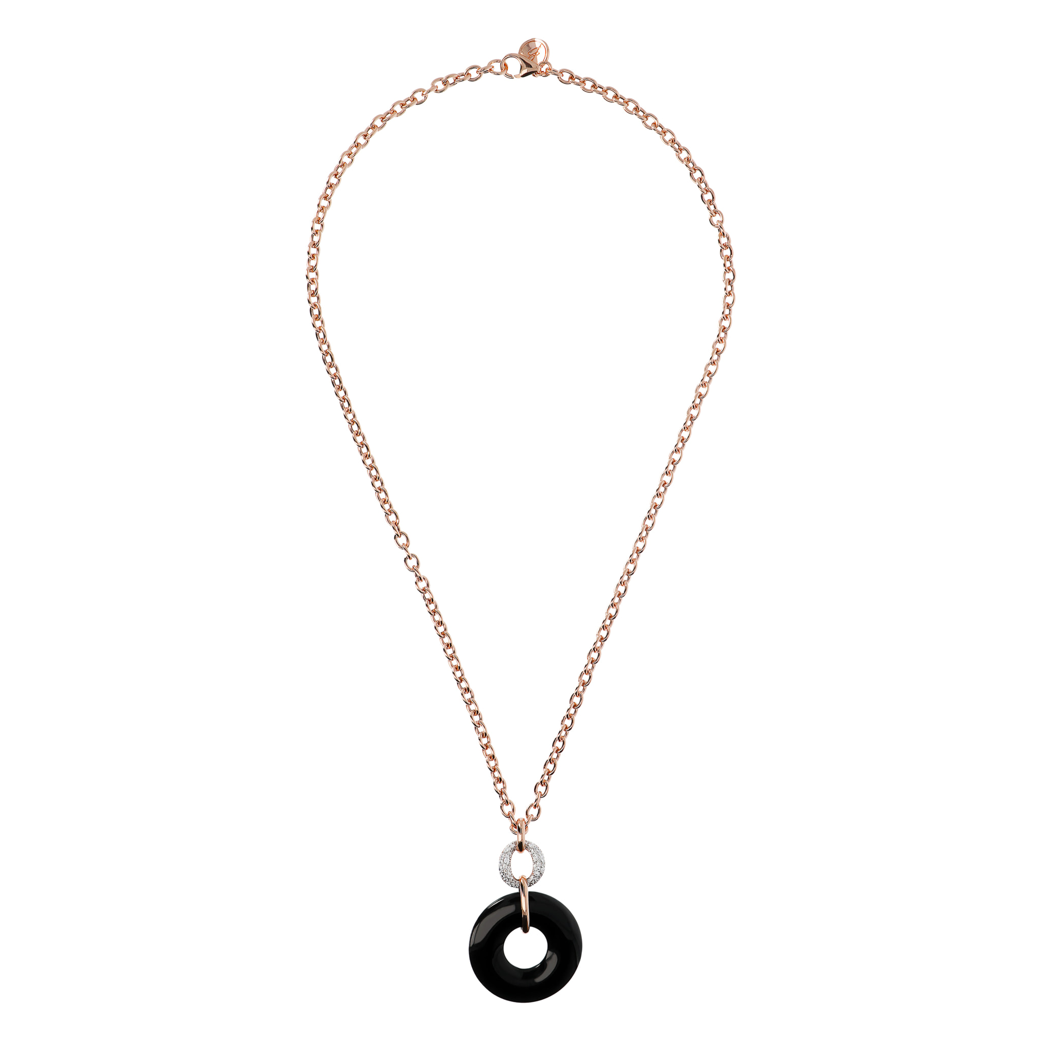 Collana Catena Rolo con Pendente Doppio Cerchio in Onice Nero e Cubic Zirconia