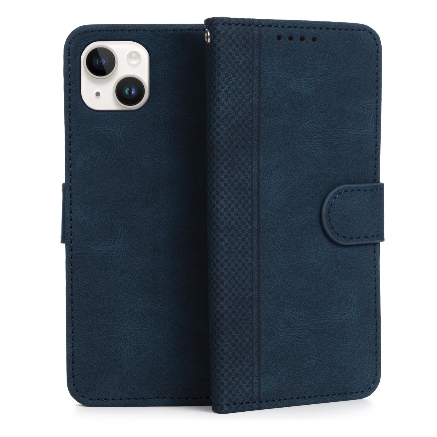 DAM Funda antigolpes tipo libro simil piel para iPhone 15 Plus. Tarjetero interior, muñequera extraíble. 8,53x1,67x16,77 Cm. Color: Azul Oscuro