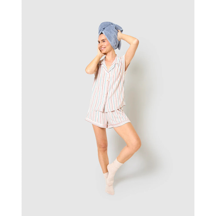 Pigiama corto a camicia in viscosa a righe rosa serene