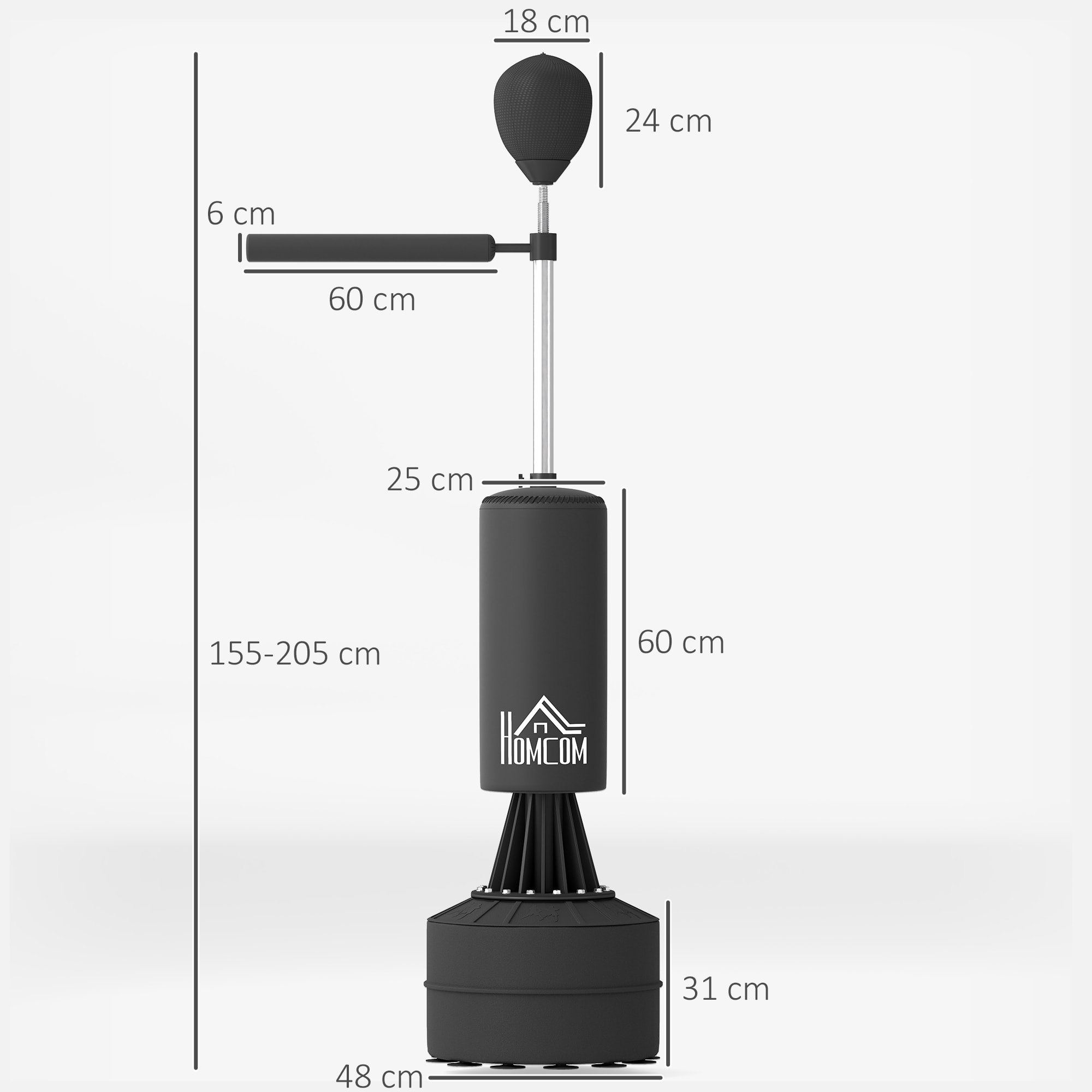 Saco de Boxeo de Pie 155-205 cm, Saco de Boxeo con Barra Giratoria de 360°, Bola de Velocidad y Base Rellenable, Punching Ball para Adultos y Niños, Entrenamiento MMA, Muay Thai, Fitness, Negro