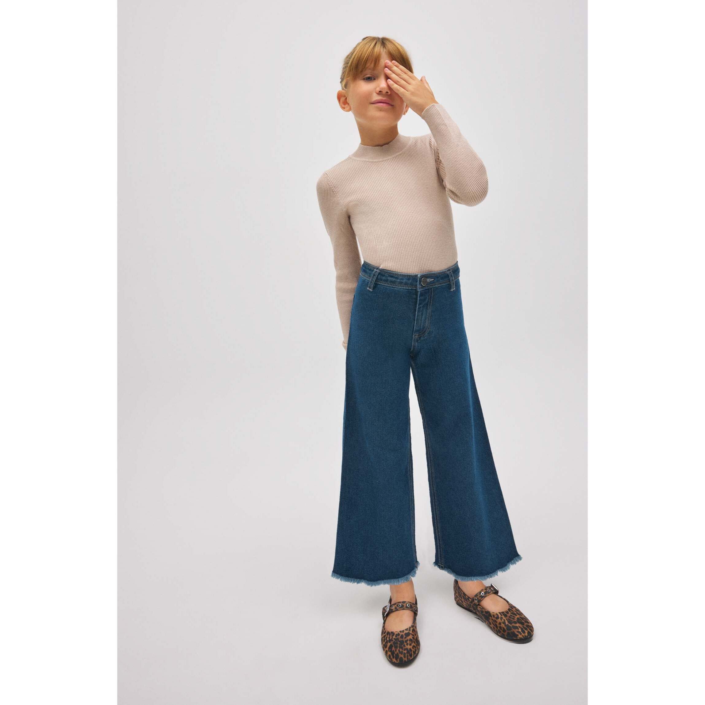 Pantaloni da bambina in denim blu navy a gamba larga