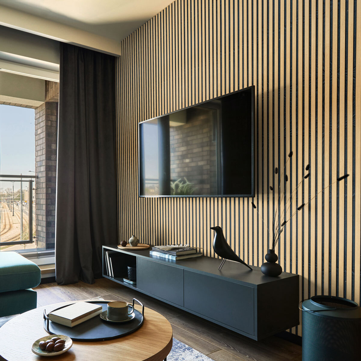 Rouleau revêtement adhésif vinyle au mètre - Sticker mural panneau de bois - NOIR MODERNE