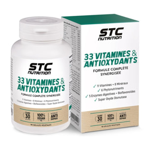 STC NUTRITION - 33 Vitamins & Antioxydants - Formule Complète Synergisée - 11 Vitamines + 8 Minéraux + 6 Phytonutriments - 100% Végan - Conforme à la norme anti-dopage - 90 gélules - Cure de 30 jours