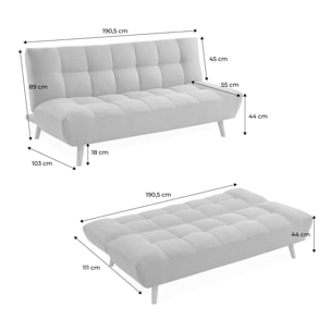 Canapé 3 places banquette clic clac. convertible. en tissu gris foncé et pieds bois couleur noyer
