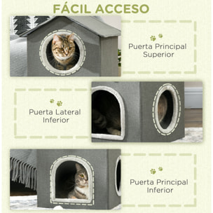Casa para Gatos de 2 Niveles Cama para Gatos Cueva para Gatos con 3 Puertas y Cojines Lavables 42x46x59,5 cm Gris