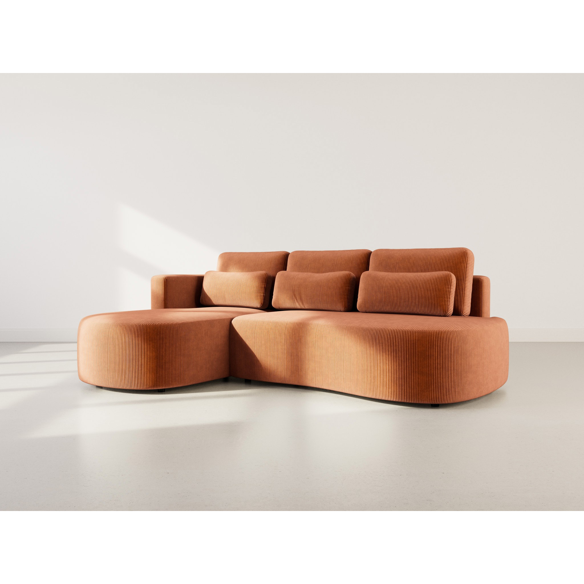 Mahina - canapé d'angle gauche 4 places convertible avec coffre en velours côtelé - Terracotta