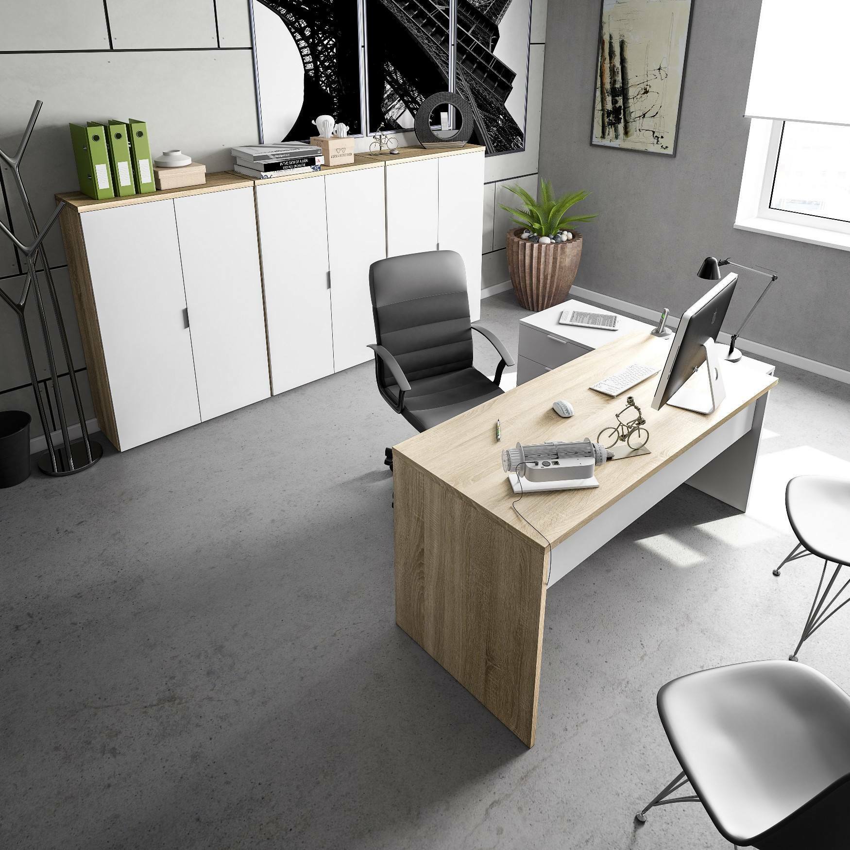 Scrivania Agnello, Scrittoio multifunzione reversibile da ufficio con cassettiera, Tavolo da studio o ufficio porta PC ad angolo, 145x108h73 cm, Rovere e Bianco