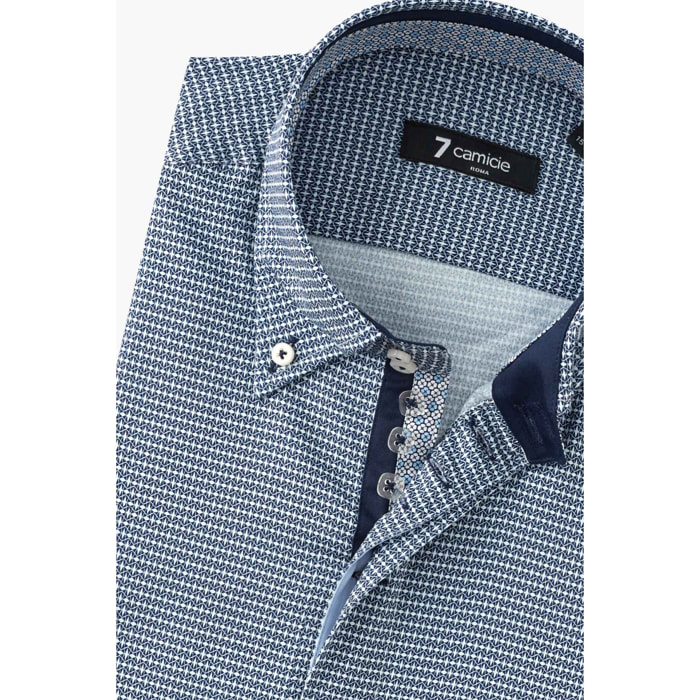 Camicia Uomo 2 Bottoni Button Down Slim Armaturato Stampato Blu\Bianco