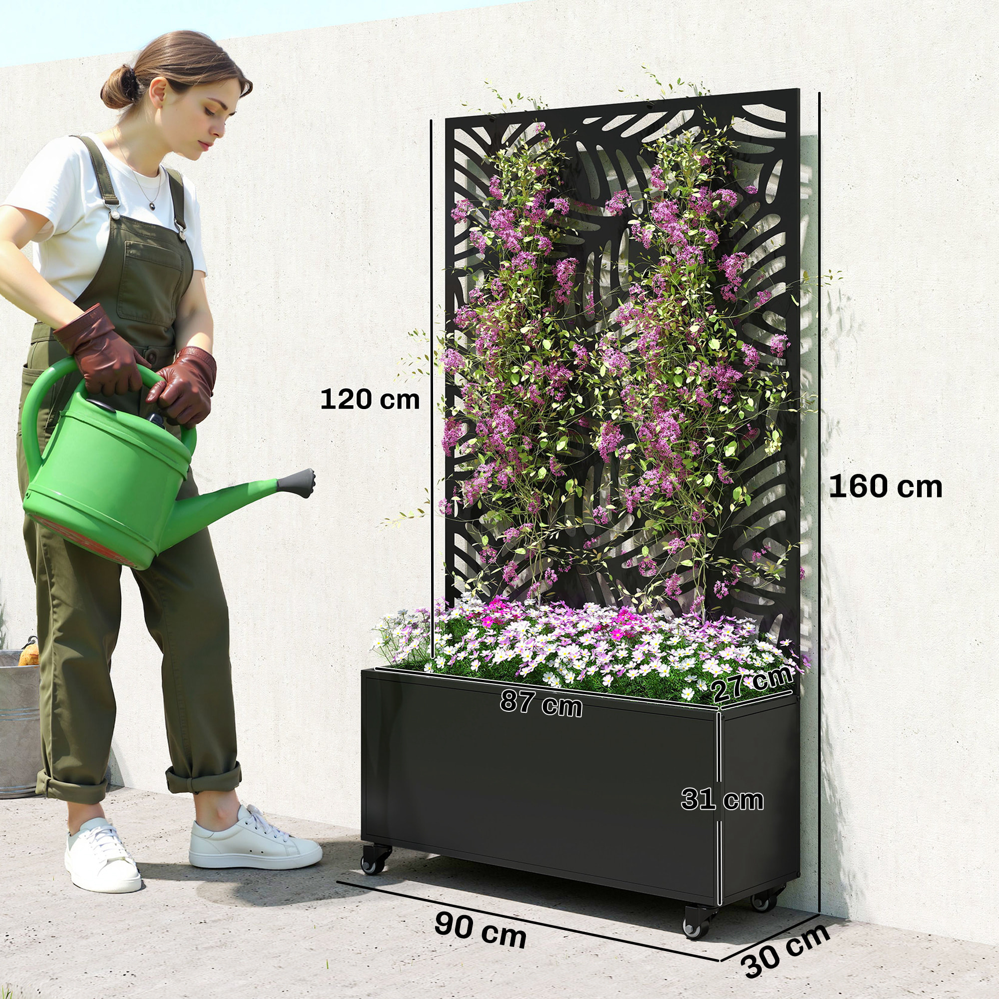 Jardinera Exterior Grande de Metal con Ruedas, Jardinera con Pantalla de Privacidad de Hojas de Monstera, Macetero con Enrejado para Plantas Trepadoras, Patio, Terraza, 90x30x160 cm, Negro