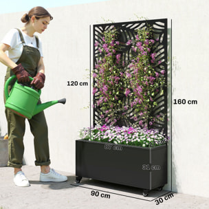 Jardinera Exterior Grande de Metal con Ruedas, Jardinera con Pantalla de Privacidad de Hojas de Monstera, Macetero con Enrejado para Plantas Trepadoras, Patio, Terraza, 90x30x160 cm, Negro
