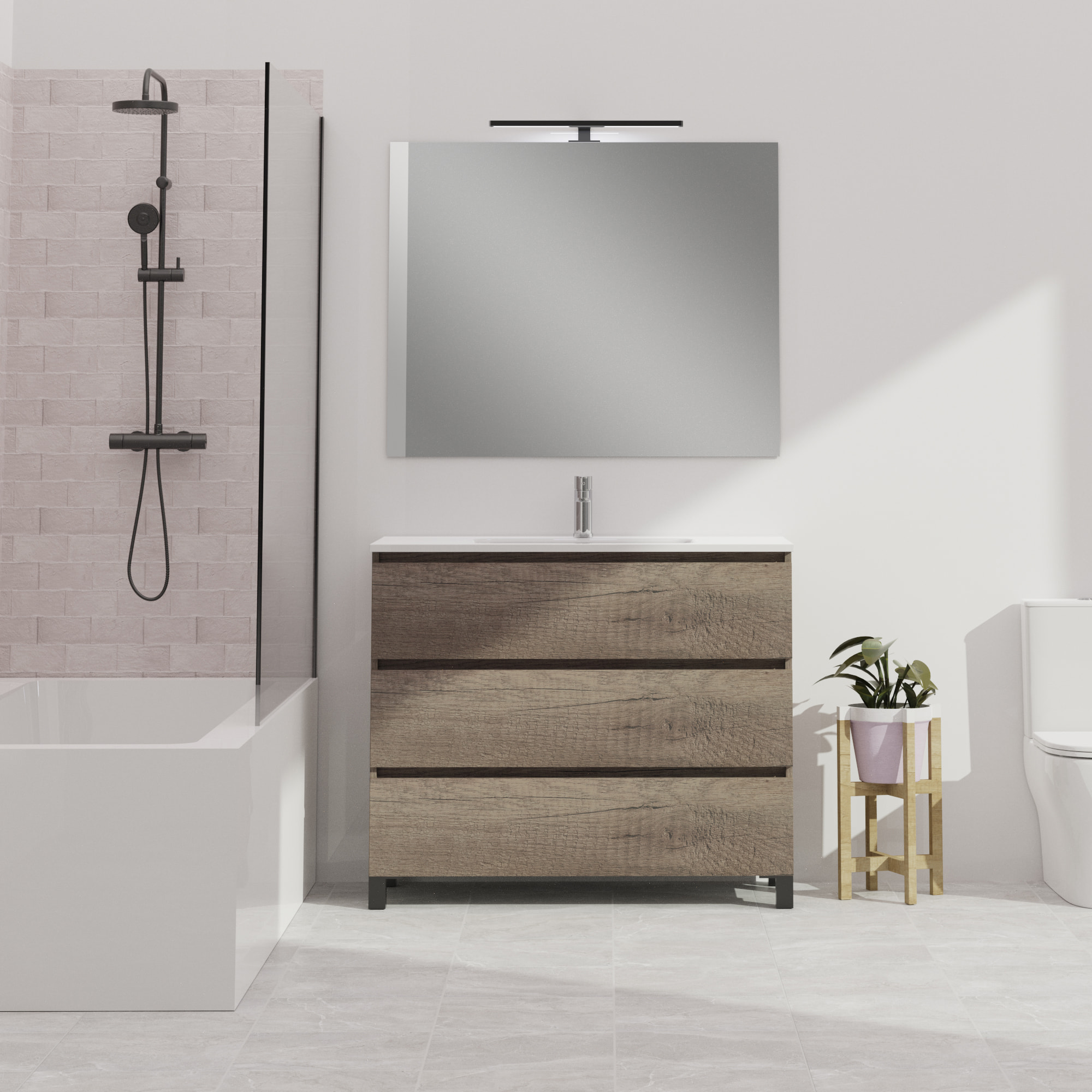 Conjunto de baño Wink | 100 cm Nebraska | Tres cajones | Lavabo encastrado | No incluye espejo | Mueble montado | Alday