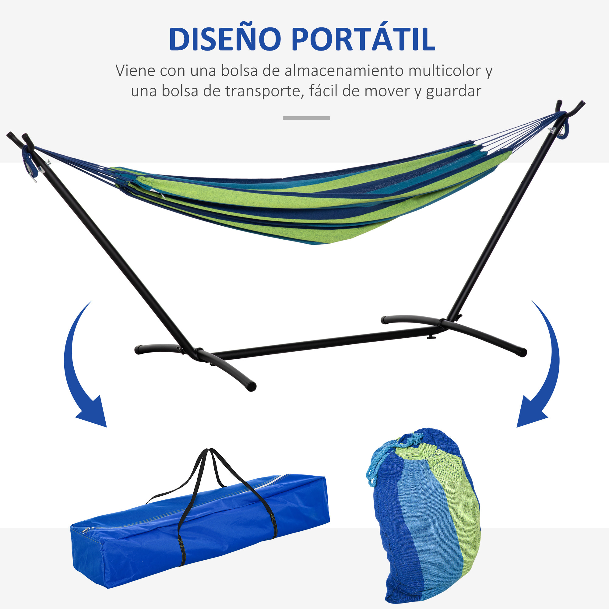 Hamaca con Soporte 298x117 cm Hamaca de Camping con Bolsa de Transporte Portátil Altura Ajustable Carga 120 kg para Patio Terraza Raya Verde