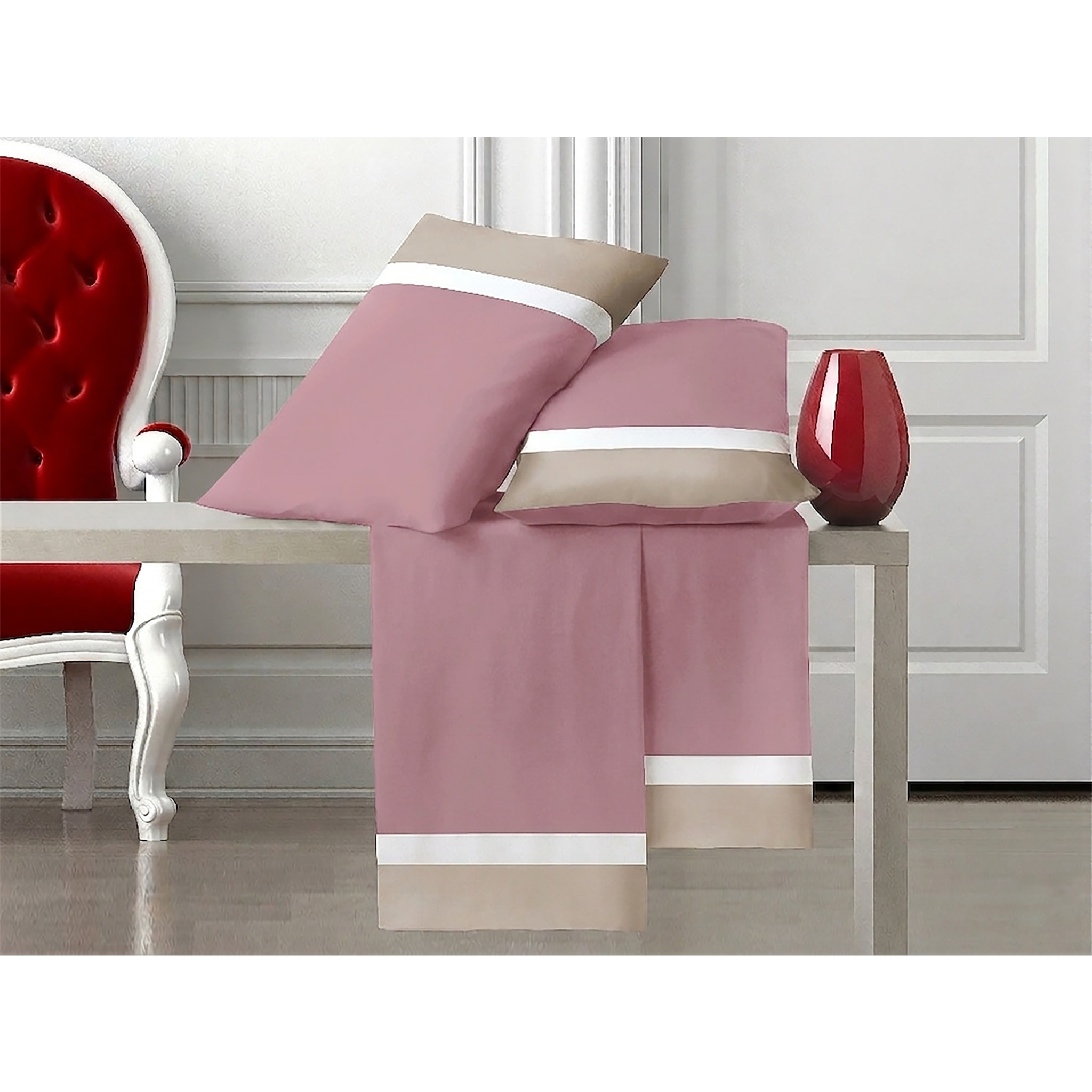 Completo IPERSAN doppia balza RASO 2 Piazze Bordo RASO Panna/Bianco fondo Malva