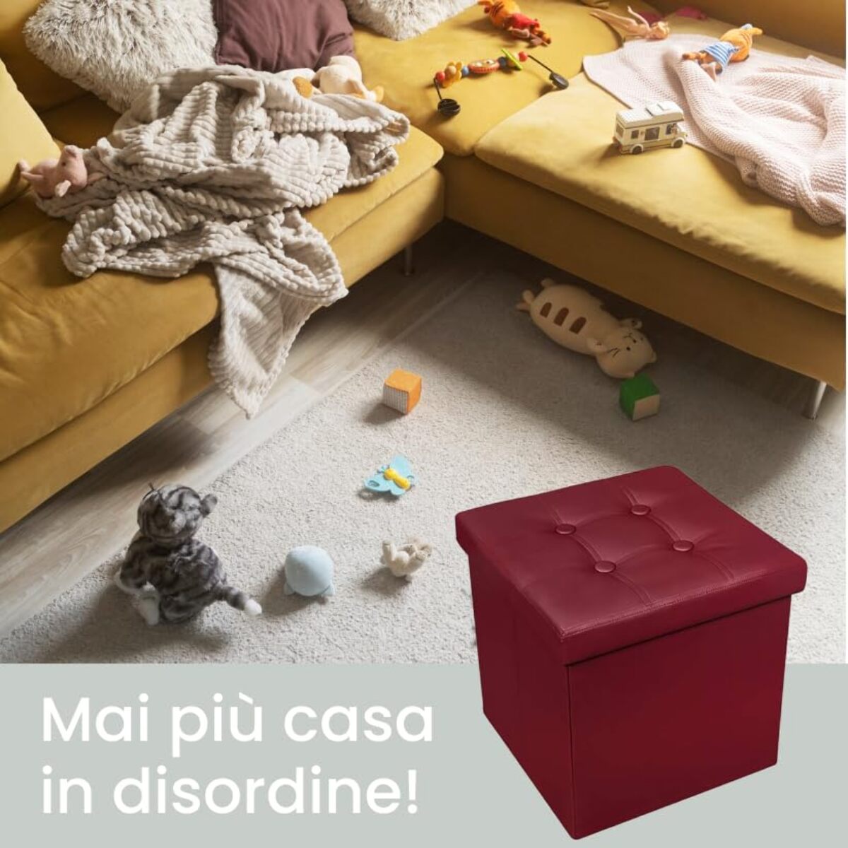 Pouf Contenitore, Puffo per Sedersi, Pouf Poggiapiedi, in Ecopelle, Quadrato, Imbottito, Versatile, Facile da Pulire.