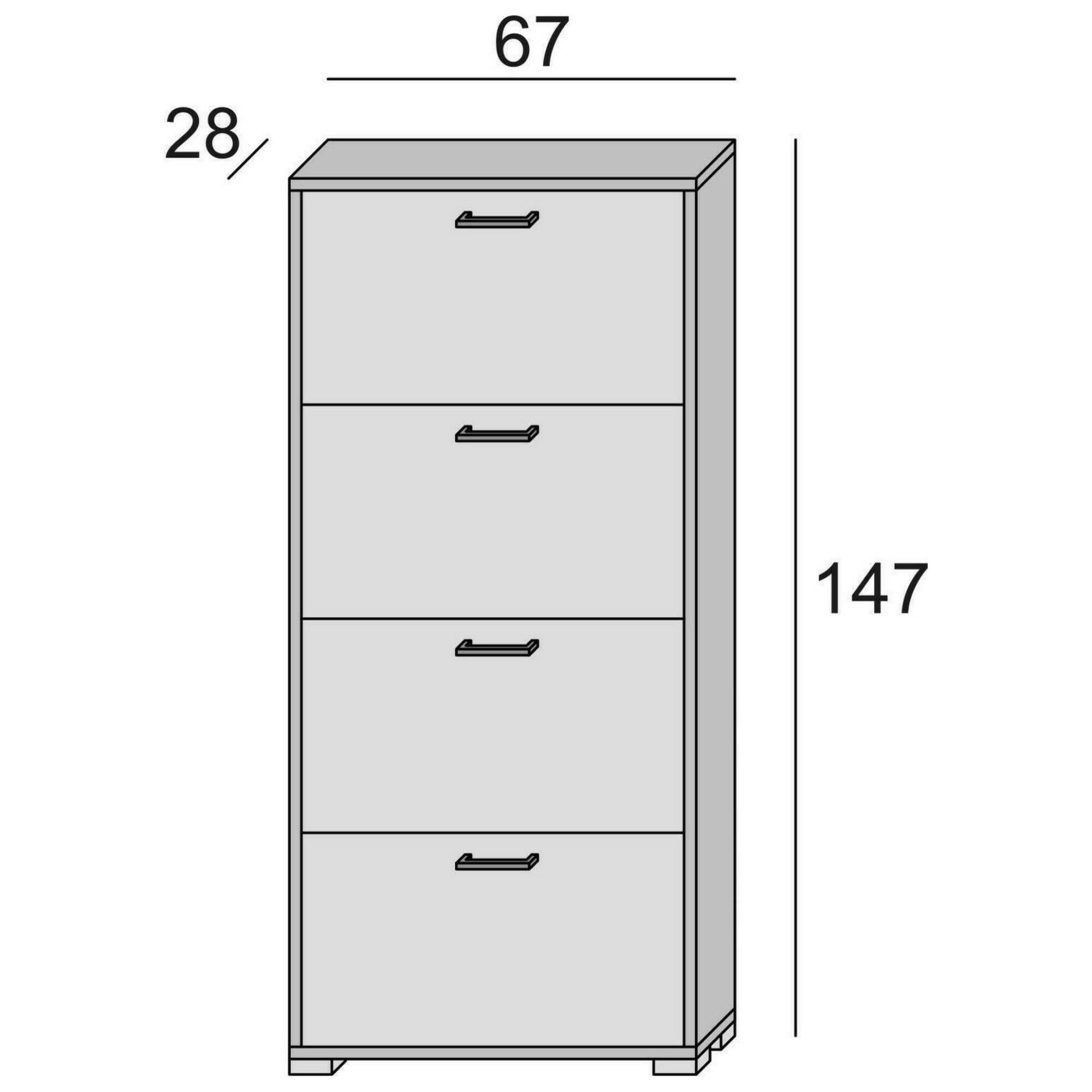 Scarpiera Rosa, Mobile multiuso da ingresso con 4 ante a ribalta, Armadietto portascarpe a doppia profondità, 100% Made in Italy, Cm 67x28h147, Bianco e Cemento