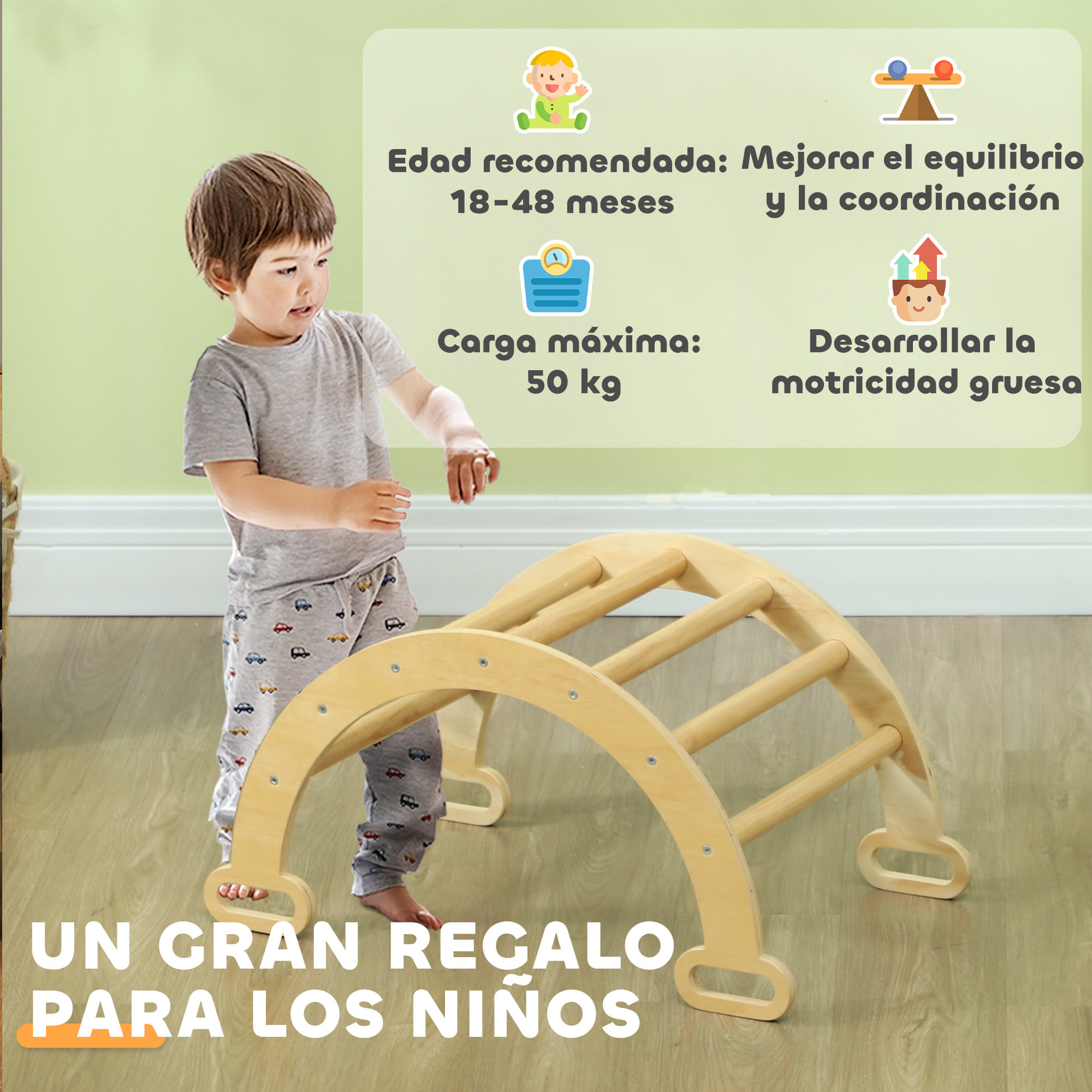 Escalada para Niños de Madera 2 en 1 Arco de Escalada para Niños de 18-48 Meses Balancín para Bebés Carga 50 kg 68x42x36 cm Natural