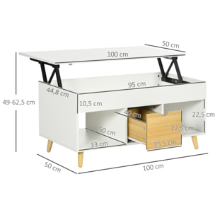 Table basse relevable - tiroir, 2 niches, coffre - dim. 100L x 50l x 49H cm - bois clair blanc